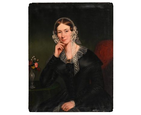 English School, c. 1830 - Portrait of a Young Widow, half-length, wearing a lace cap, seated by a vase of flowers, oil on can