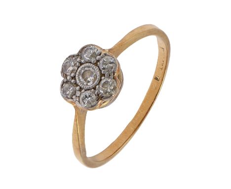 A diamond ring, in gold, marks rubbed, 2.5g, size R  Setting worn, hoop a little thinDiamonds reasonably clean and white