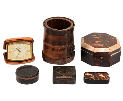 A George III carved tortoiseshell and giltmetal mounted snuff box, 6cm w, a Victorian tortoiseshell and mother-of-pearl octag