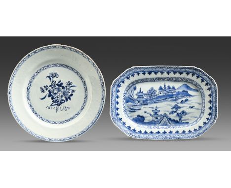 A Chinese export blue and white octagonal dish and plate, Qianlong, one painted with a central floral bouquet, in diaper bord