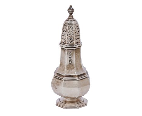 Britannia Standard. An Elizabeth II silver octagonal sugar caster, 17cm h, maker B S C, Sheffield 1966, 7oz 8dwt  Light dent 