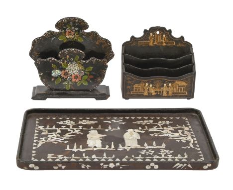 A Victorian papier mache letter rack, 18 x 20cm, a similar contemporary Chinese example, 17cm w and a Chinese hardwood tray, 