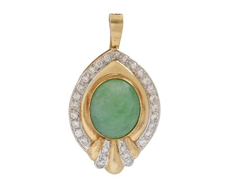 A jade and diamond pendant, 36mm h, marked 18K 750, 5.4g  Good condition