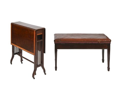 A Victorian mahogany Sutherland table, crossbanded in satinwood, 72cm h and a mahogany duet stool, padded seat covered in red