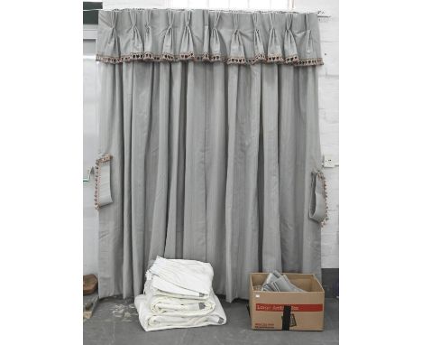 Three pairs of blue grey cotton curtains, interlined, two pairs, each curtain approx 210cm drop, width 194cm, the other pair,