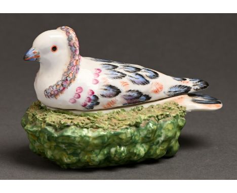 A Samson dove tureen and cover, mid 20th c, in Meissen style,&nbsp;modelled as a collared dove on egg basket, the plumage pic