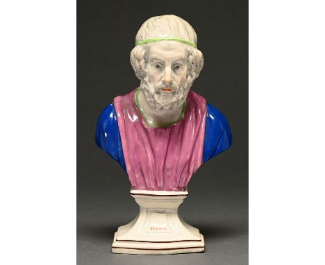 A Staffordshire pearlware bust of Homer, possibly Ralph Wood, c1810, integral socle inscribed HOMER, painted in overglaze ena