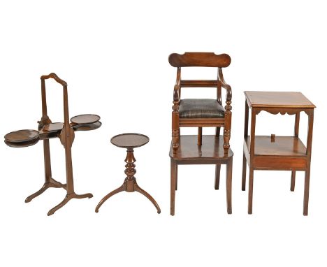 A Victorian mahogany adjustable cake stand, 79cm h, a contemporary inlaid mahogany two tier occasional table, 65cm h, a child