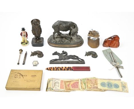 Miscellaneous 19th c and later bygones, including spelter group of a ewe and lamb, 14 x 21cm, a French spelter figure of a ma