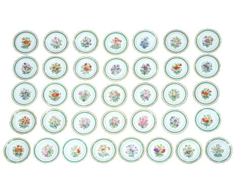 An English porcelain botanical dessert service, c1870, with green and gilt border, 23.5cm diam (35)  Eight bowls and six plat