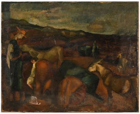 Katherine Elizabeth Henderson, mid-20th century - Post-Impressionist Figures and Donkeys, label to verso, oil on canvas, 63 x