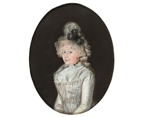 English School, late 18th century - Portrait of a Lady, half-length, wearing a mop cap, pastel, oval, 18 x 13.5cm  Good condi