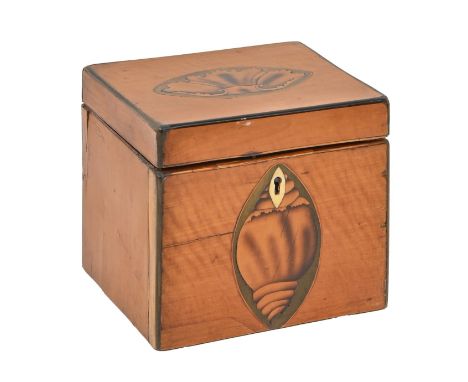 A George III satinwood tea caddy, inlaid with shell paterae, ivory escutcheon, 11cm h; 12 x 10cm  Please note Mellors & Kirk 