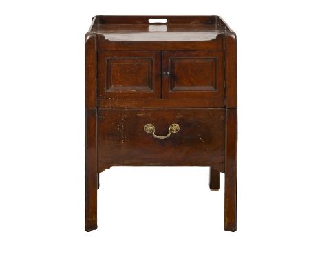 A George III mahogany tray top commode, on square legs, cupboard enclosed by panelled doors, 78cm h; 52 x 46cm  Scuffs, scrat