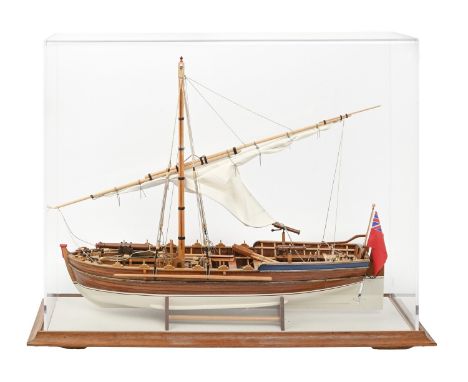A scale model of a 19th c Royal Navy single mastered gunboat, in Perspex display case, 72 x 56cm  Good condition
