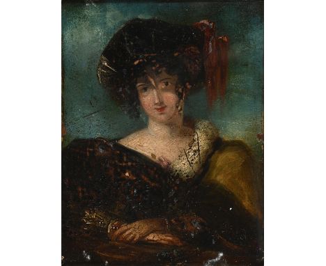 Circle of Sir Thomas Lawrence - Portrait of a Lady, half-length, oil on panel, 23 x 17cm  Fair condition, some wear and light