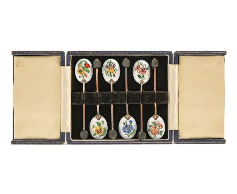 A set of six Elizabeth II silver gilt and floral painted guilloche enamel coffee spoons, bean terminal, by Turner &amp; Simps