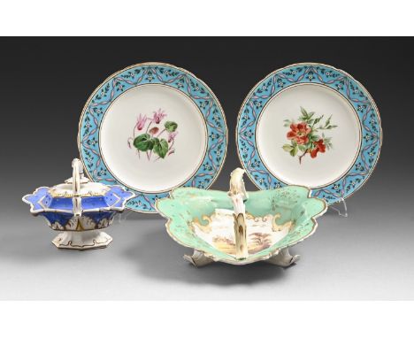 A pair of Mintons botanical dessert plates, c1868, painted with wild roses and cyclamen in a blue celeste border, 23.5cm diam
