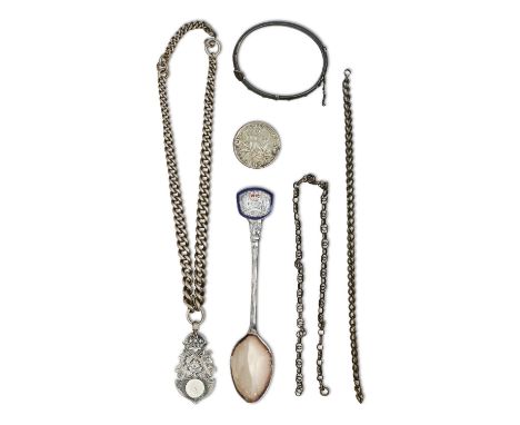 A silver albert, c1900, of curb links, 34cm l and pierced silver watch fob sporting shield, and miscellaneous other small sil