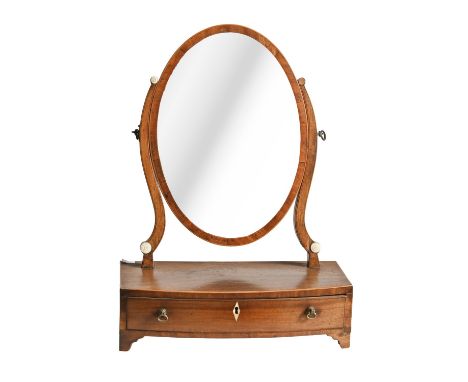 A George III line inlaid mahogany dressing mirror, the bow front base with ivory escutcheon, 38cm w and a contemporary mahoga