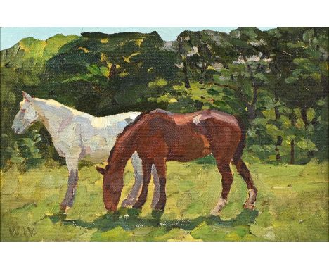 Winifred Wilson (1882-1973) - A Moment's Rest, one white and one chestnut horse graze in a field, monogrammed, oil on board, 