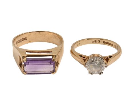A step-cut amethyst ring, in 9ct gold, Birmingham 1971 and a cubic zirconia ring, in 9ct gold, Birmingham 1982, 7g, size K, O