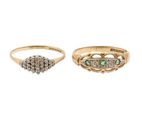 Two diamond or emerald and diamond rings, in 9ct gold, London 1991 and circa, 3.4g, size N, O  Light wear