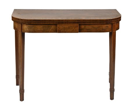 A Victorian mahogany and line inlaid card table, on square tapering legs, 74cm h, 97cm w  Some slight movement to frame, top 