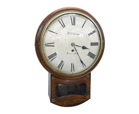 A Victorian brass inlaid walnut trunk dial wall timepiece, Wilkinson, Leicester, with fusée movement and shouldered plates, p
