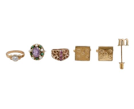 Three gold rings, variously gem set and a 9ct gold 'M' stickpin, 11.6g and a pair of silver gilt cufflinks, rings size F, K (
