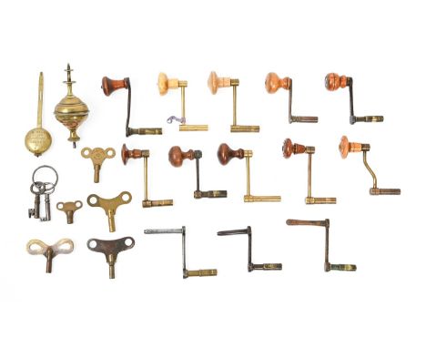 Miscellaneous clock keys and winding handles, 19th c and later, a brass pendulum inscribed W.Page Maker Great Portland St Lon