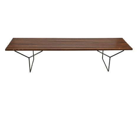 A garden bench, with slatted timber seat and tubular steel base, 39cm h; 182 x 47cm  Good condition