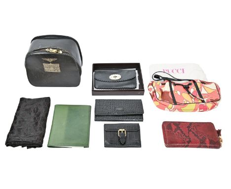 Designer handbags and accessories. An Emilio Pucci Firenze lady's handbag, with original cloth drawstring pouch, 30cm w, a Gu