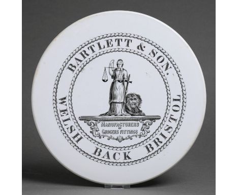 A Victorian Wedgwood white earthenware grocer's weighing scale plate, transfer printed in black Bartlett &amp; Son Welsh Back