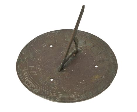 A bronze sundial, 19th c, engraved with the royal arms, 25cm diam  