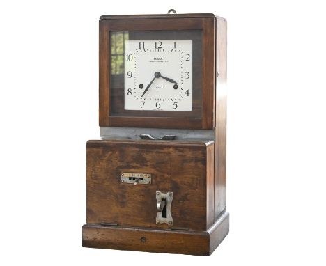 A mahogany National Time recorder machine, c1930s, the white dial inscribed St. Mary Cray Kent, 70cm h; 36 x 29cm  Scuffs and