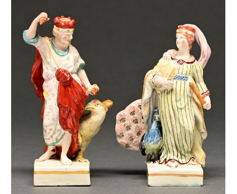 Two Staffordshire pearlware figures of Juno and Jupiter, c1820, painted in overglaze enamels, modelled with a peacock and eag