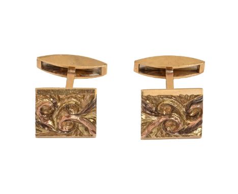 A pair of 9ct three-colour gold carved cufflinks, 14 x 15mm, maker M J, Birmingham 1977, 12.2g  Good condition, practically a