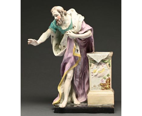 An Enoch Wood pearlware figure of Demosthenes, c1790-1810, painted in overglaze enamels, the plinth moulded with Hermes and D