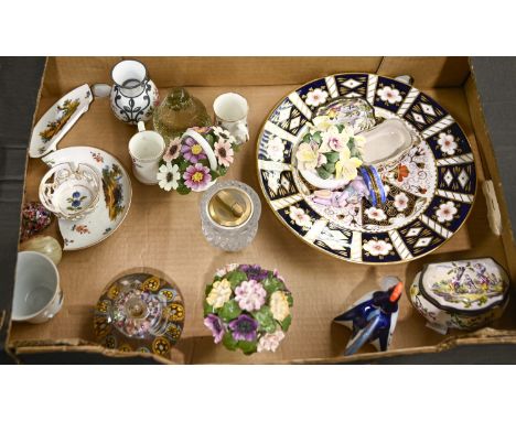 A Royal Crown Derby 2451 bone china dinner plate, Limoges Peint main enamel box and cover, Colibri lead crystal table lighter