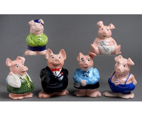 A set of six Wade Natwest pig banks, late 20th c, to include Cousin Wade, 19cm h and smaller  In good condition, small chip t