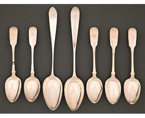 A pair of Scottish George III silver tablespoons, Pointed Old English pattern, by Robert Kea, Edinburgh 1800 and 1802 and a s