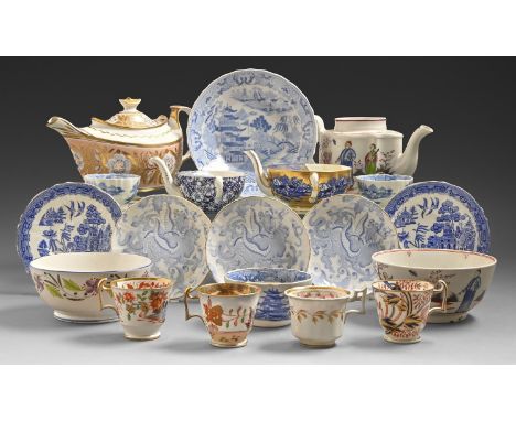 Miscellaneous English porcelain teaware, early 19th c and later, to include a New Hall Boy and Butterfly pattern teapot and s