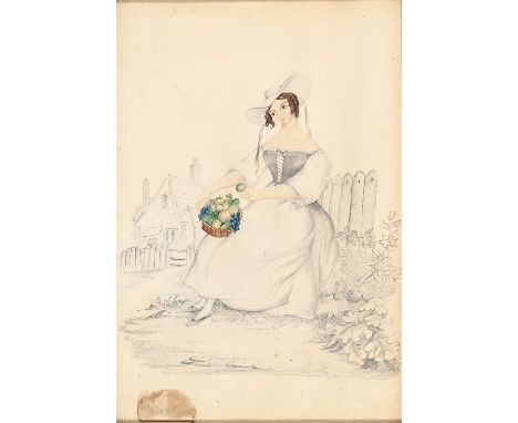 English School, c 1830 - Portrait of a Lady, holding a basket of fruit in front of a cottage, pencil, 29 x 19.5cm, and two po