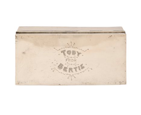 Royal. A Victorian silver cigar box, the lid engraved TOBY FROM BERTIE, cedar lined, 17cm l, by Howard James, Birmingham 1888