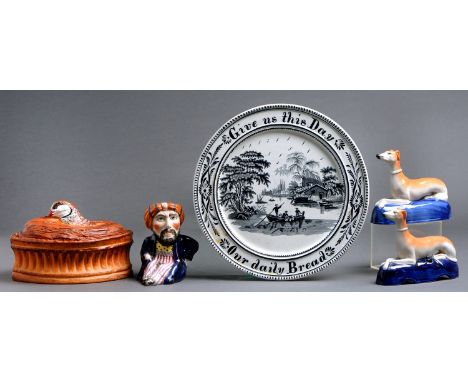 A French porcelain game pie dish and cover with tromp l'oeil pastry sides and partridge head, late 19th c, a Staffordshire ea