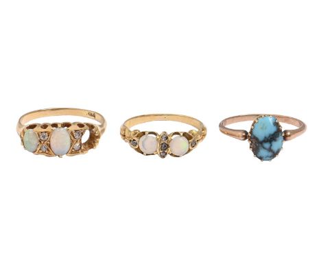 An opal and diamond ring, in gold, indistinctly marked, an opal and chip diamond ring, in gold and a turquoise matrix ring, i
