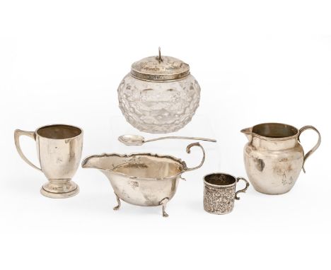A George V silver cream jug, 80mm h, maker D Bros, Chester 1926, a silver christening mug, sauceboat and silver and glass pre