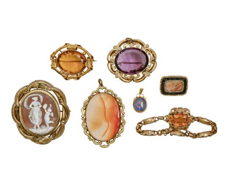 A Victorian gold bracelet, set with citrine and adapted as a brooch, head 36cm l, 14.8g, a Victorian mourning brooch and thre