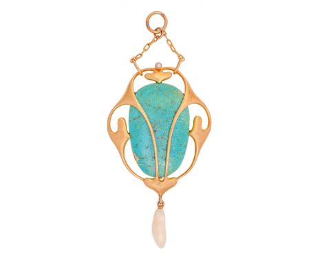 Murrle, Bennett &amp; Co. A jugendstil, turquoise, pearl and gold openwork pendant,&nbsp;Pforzheim c1910, 69mm h, marked MBo 